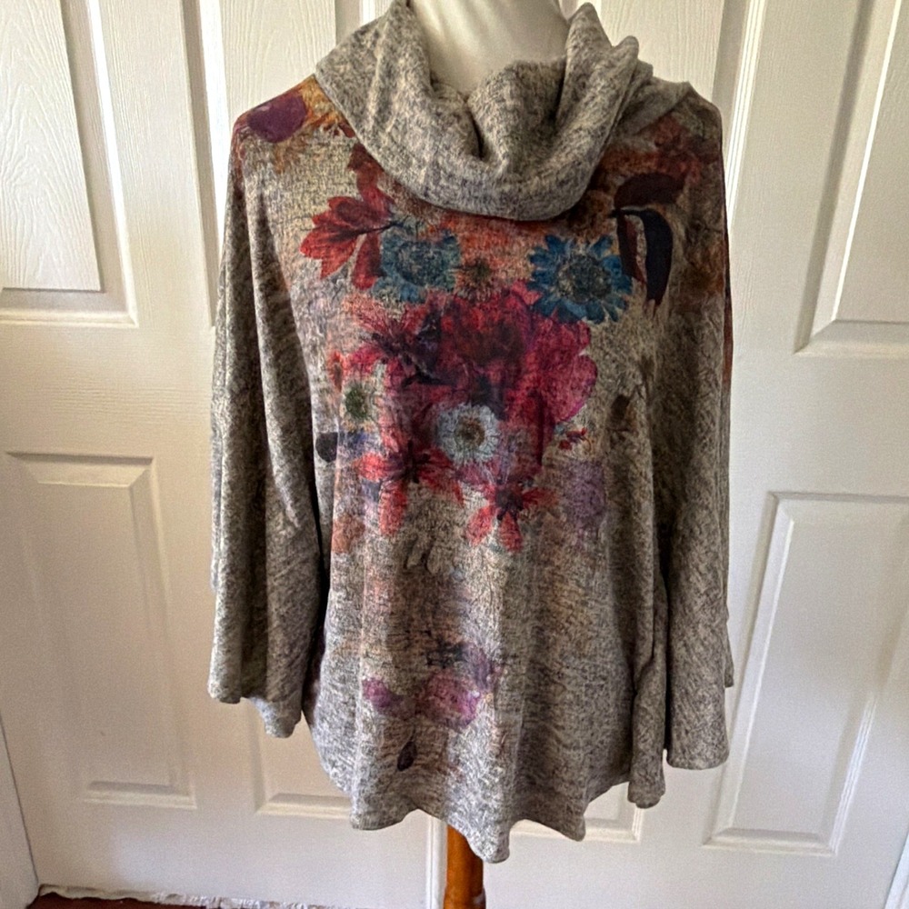 Passport Womens XL Brown Floral Cowl Neck Dolman Sleeve Knit Boho Top